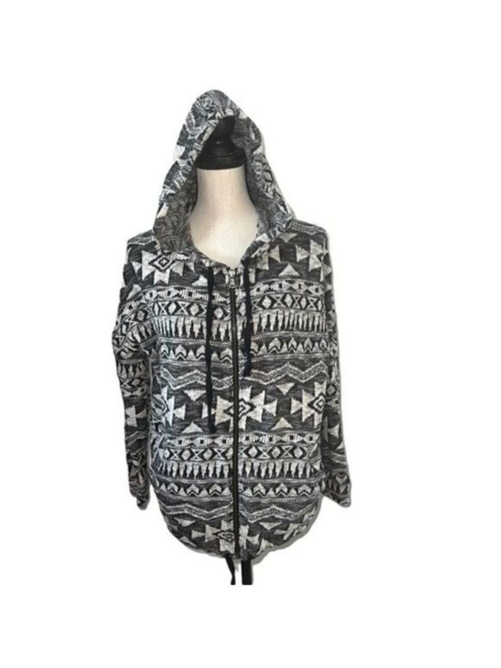 American Eagle Hooded Sweater Womens M Black/White Aztec Drawstring Hem
